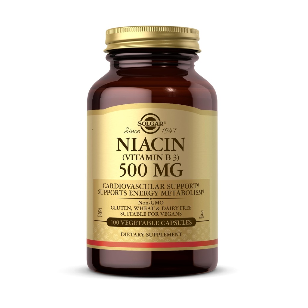 Solgar Niacyna (Witamina B3) 500 mg, 100 Kapsułki wegetatywne - Metabolizm energetyczny - Non-GMO, Wegan, Gluten wolny, mleczny, Kosher - 100 Sług
