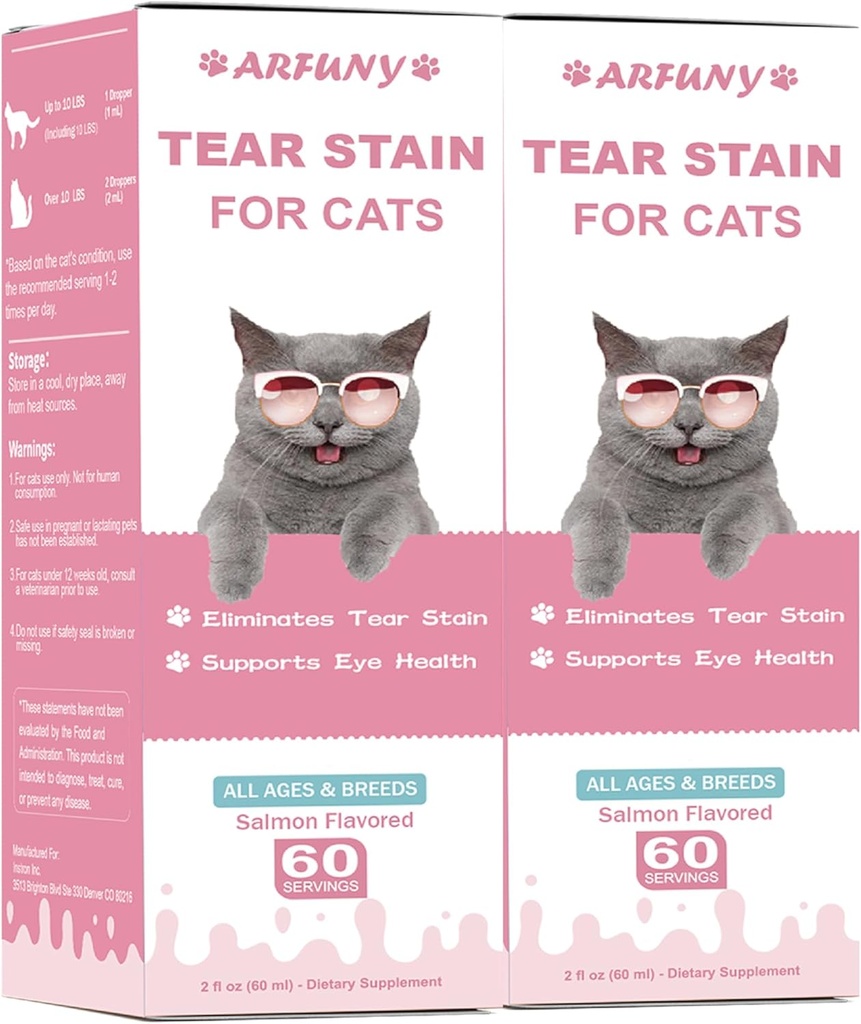2 Opakowania Tear Plain Supplement for Cat - Zapobieganie i Eliminacja Koty Tear Plains - 60ML Cat Tear Remover Drops for Eye Health, System immunologiczny - z żurawiny, Marshmallow & Vitamin - Salmon