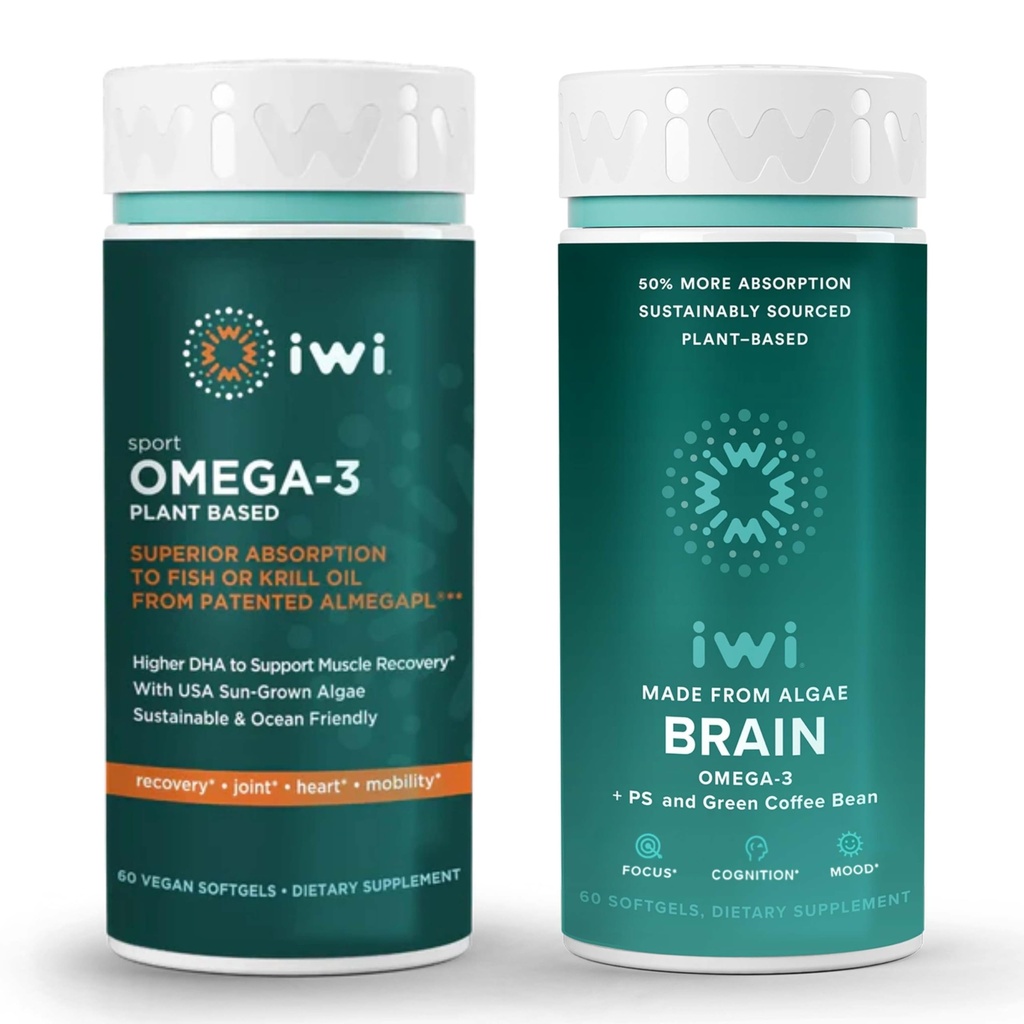 iwi Omega-3 Sport & Mózg Omega-3 Bundle, 30 Służenia, Wegan Plant-Algae Omega 3 z EPA + DHA, Kryll & Fish Oil Alternative, No Fishy Aftersmast