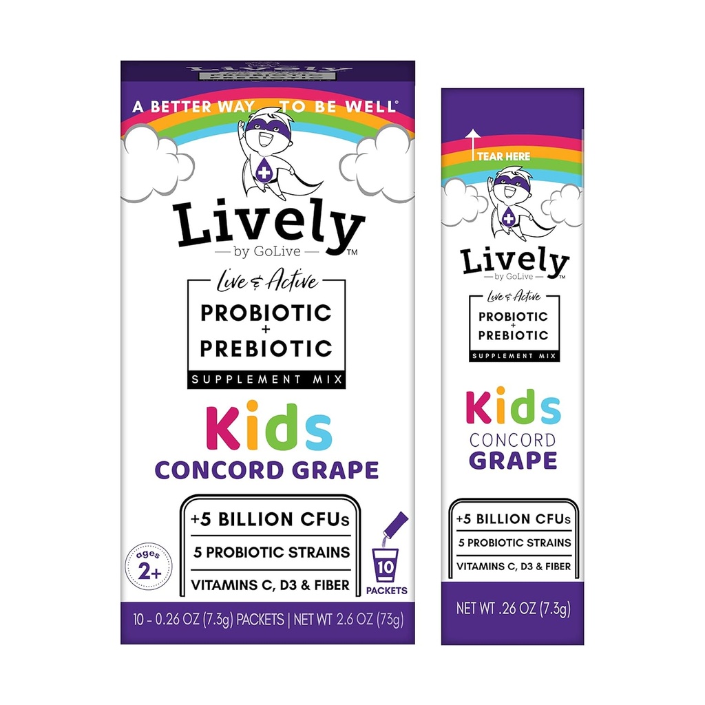 Lively (by GoLive) KIDS CONCORD GRAPE Synbiotic (Probiotics + Prebiotics); 5 Clinical Strains; + 5 Billion CFU. Probiotyki i prebiotyki KIDS dla trawienia, metabolizmu, odporności. (10 opakowań)