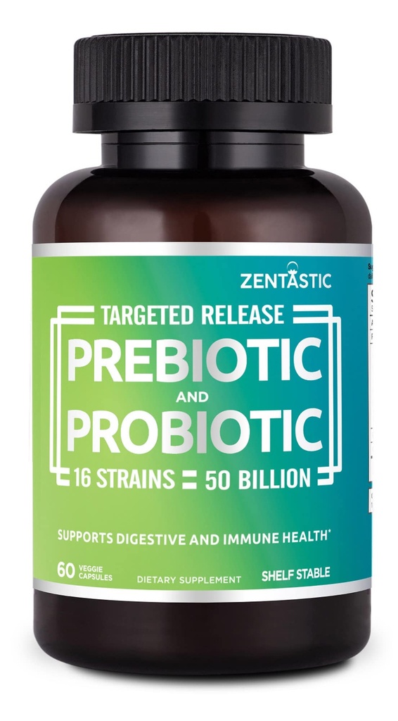 Zentastic Probiotics & Prebiotics Supplement - 50 Billion CFU - for Men & Women 's Immune & Digestive Health - 16 Strains - Shelf Stable - 60 Opóźnione uwolnienie kapsułki Veggie