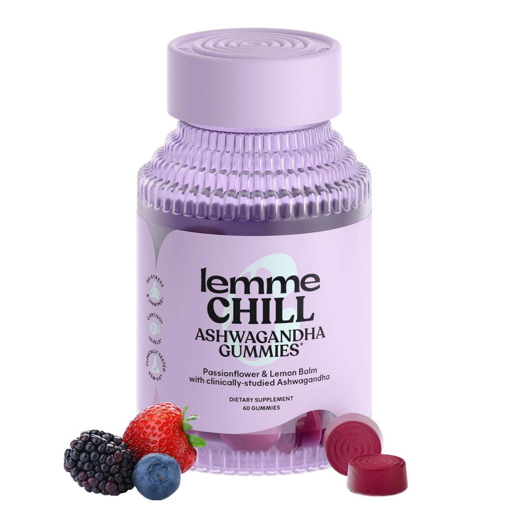 Lemme Chill Stress Relief Gummies z 300mg KSM- 66 Ashwagandha, Balon Lemon, Passionflower & Goji do wsparcia relaksacji, Zdrowy Cortisol & Sleep - Gluten- Free, Non-GMO, Mieszane Berry (60 Count)