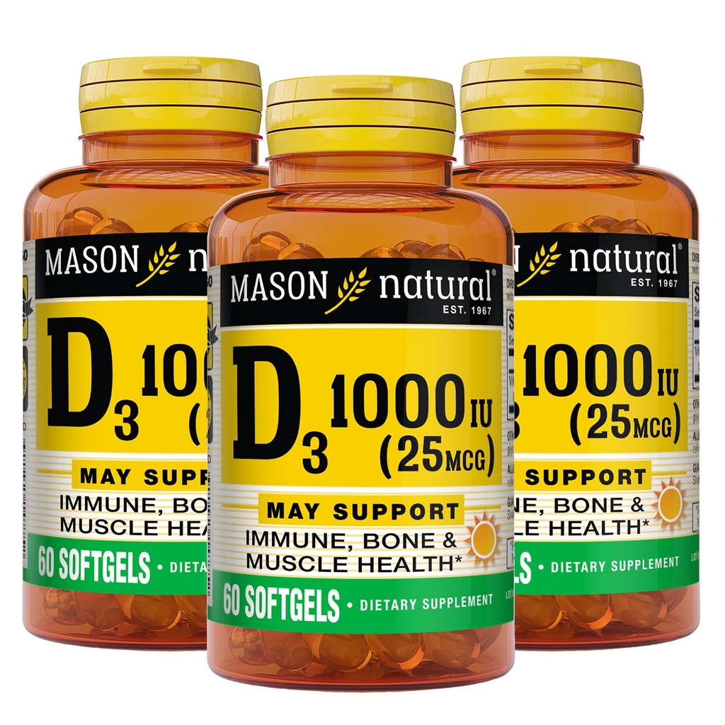 MASON NATURAL Witamina D3 25 µg (1000 j. m.), wsparcie immunologiczne i kości, z oleju z wątroby ryb, 60 Softgels (Opakowanie po 3)