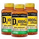 MASON NATURAL Witamina D3 25 µg (1000 j. m.), wsparcie immunologiczne i kości, z oleju z wątroby ryb, 60 Softgels (Opakowanie po 3)