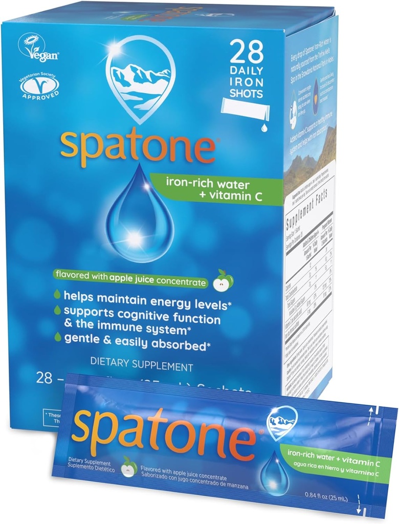 Spaton Natural Liquid Iron Supplement Plus VIT C dla kobiet - Mężczyźni i dzieci w wieku 4 + - Idealny w czasie ciąży - Easy Absorbowany & Delikatny - Wegan - Apple Flavor - 28- Day - 5 mg żelaza na 20 ml Sachet