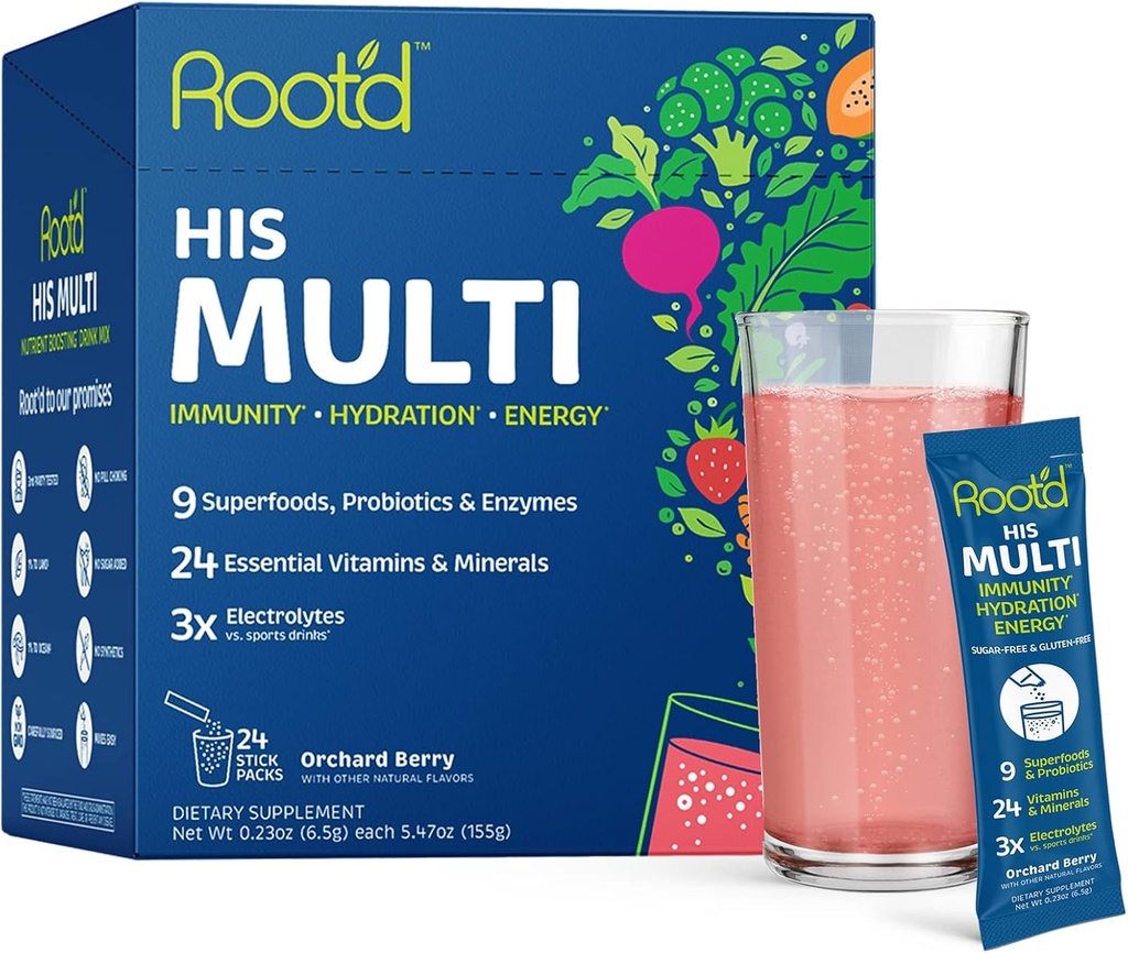Root 'd Powder Multivitamin z 3X Electrolytes for Men - 24 Witaminy i minerały, 3X Electrolytes, 9 Organic Superfoods, Probiotyki i enzymy, Bezcukrowe Multivitamin & Hydration 124; 24 Pakiety