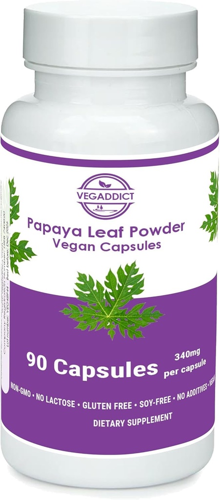 Proszek Papaya Leaf 124; 340mg Kapsułki 124; Etylokapryl pozyskiwany 124; Wsparcie płytek 124; Gluten & Laktoza wolna 124; Wolny od soi 124; Brak dodatków 124; Nie-GMO 124; Wegan 124; Suplement odżywczy 124; Suplement dietetyczny (90X)