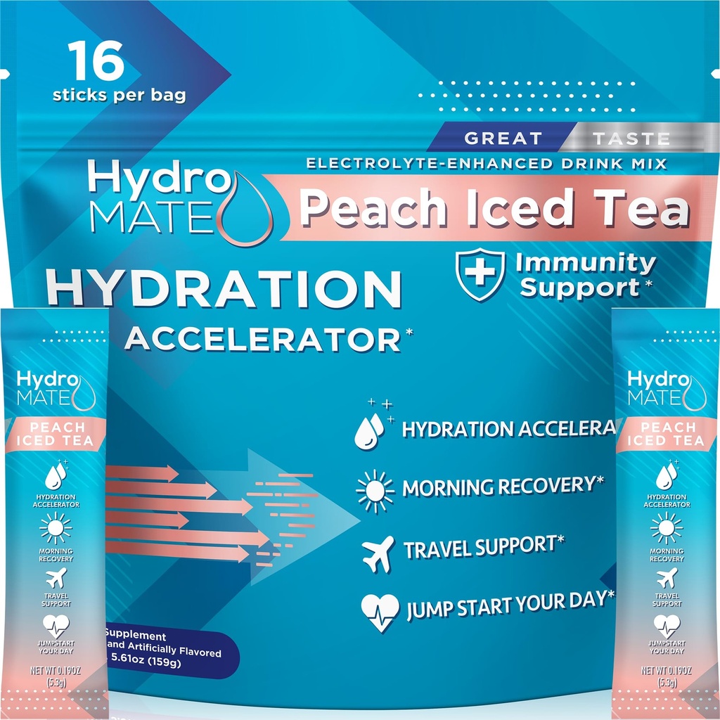 HydroMATE Electrolyte Proszek brzoskwinia Tea Hydration Pakiety Niski cukier 16 Liczba