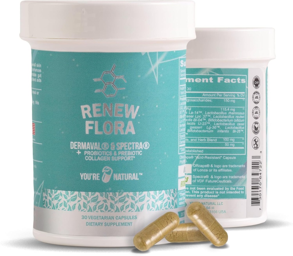 Renew Flora - Advanced Collagen & Skin Support - Antyoksydant Plus Enzymy trawienne oraz Gut Support for Women & Men with Clinical Studies - Lactobacillus and 12 Registered probiotics - 30 Day Supply