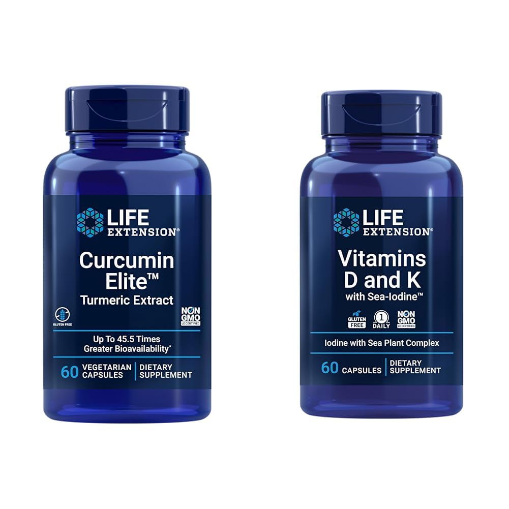 Przedłużenie życia Curcumin Elite Turmeric Extract, Promotes a Healthy response zapalny & Witaminy D i K z Sea- jod, Witamina D3, Witamina K1 i K2