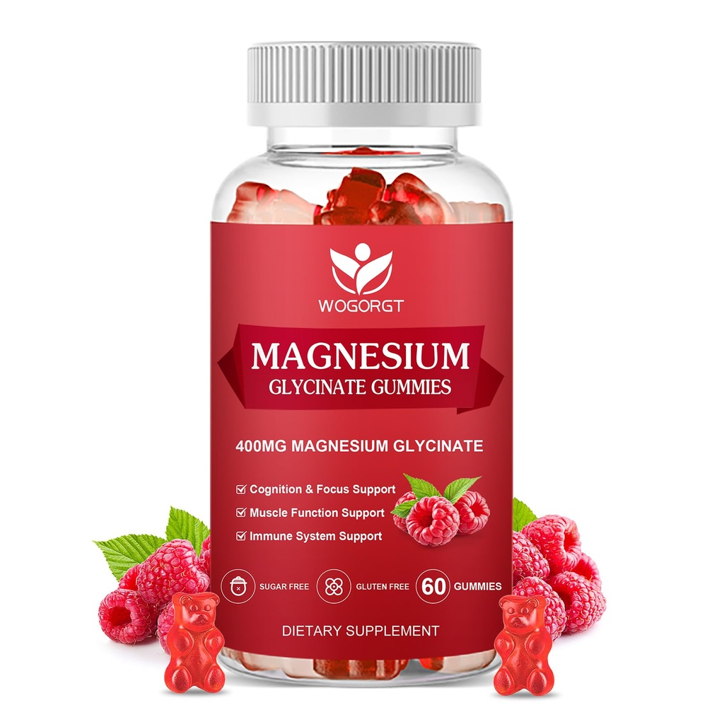 400mg Glucynian magnezu z 200 mg jabłczan magnezu, Witamina D, B6 i CoQ10, Suplement Glucynian magnezu do relaksacji i kognitacji, Bez cukru, Smak malinowy - 60 Gummies