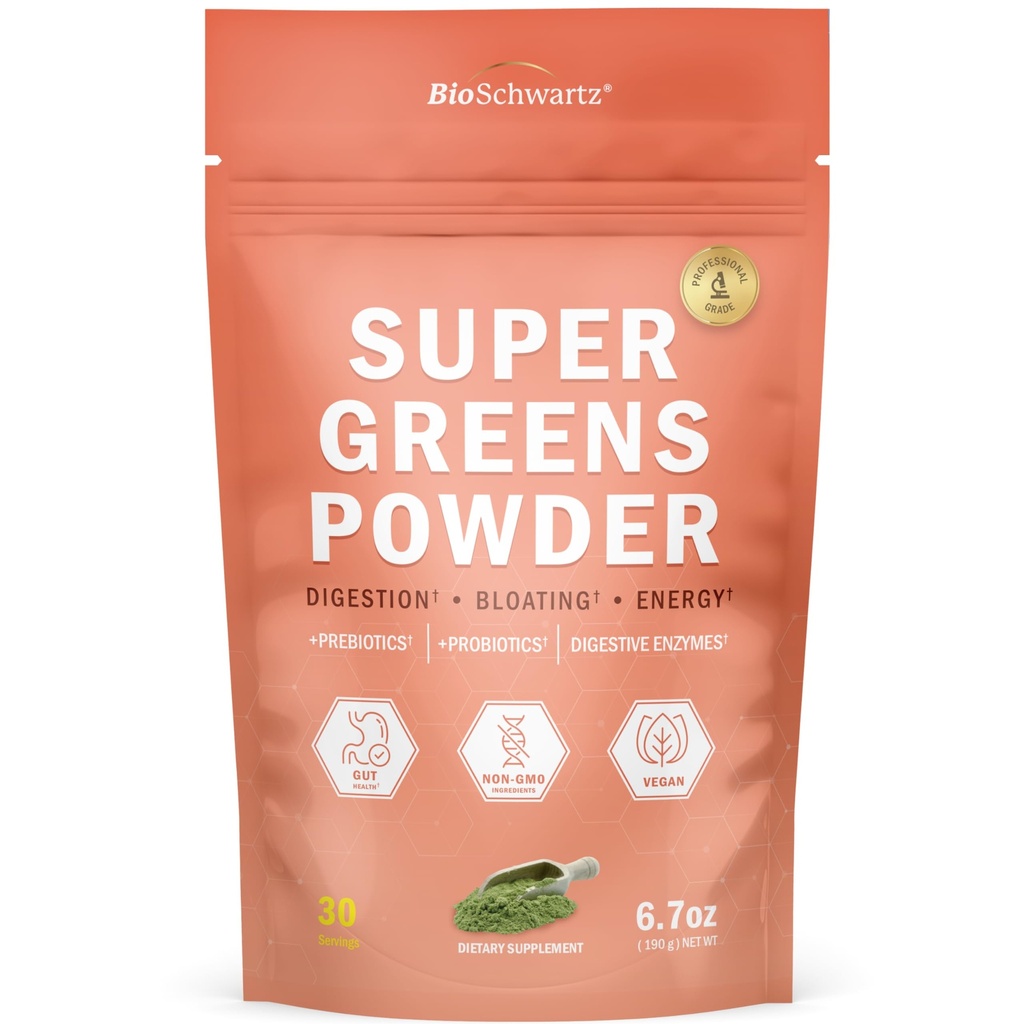 BioSchwartz Zielony Proszek Super Zielone z Probiotyki, Prebiotyki, Enzymy trawienne & 43 Zielony Superfoods - Chlorofil, Bilberry, Chlorella, Spirulina - Smakuje niesamowite - 30 Sług