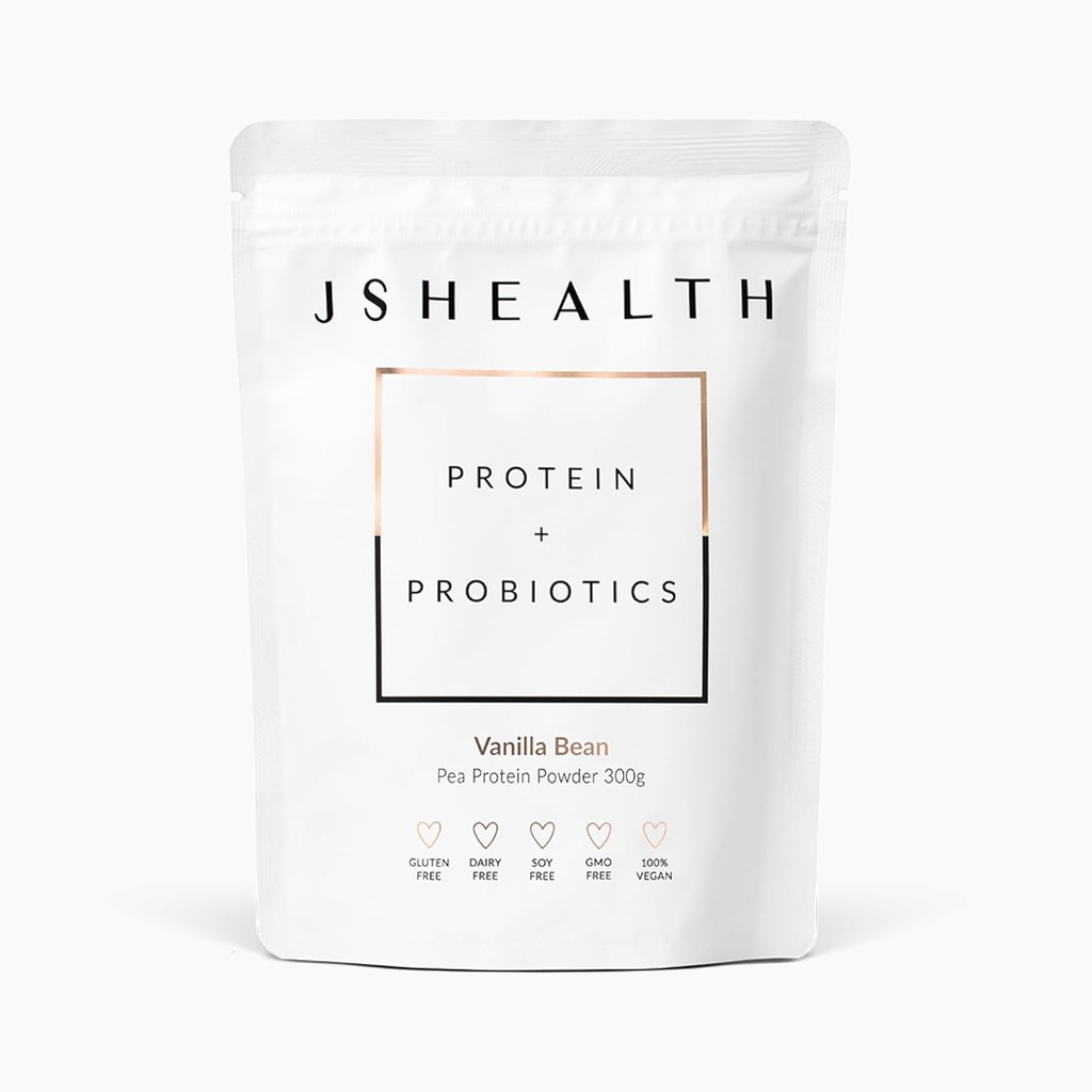 JSHealth Vegan Pea Protein Powder z probiotykami - Vanilla Bean Flavor - Gluten Free, Nie GMO, Napoje białkowe oparte na roślinach, 300g