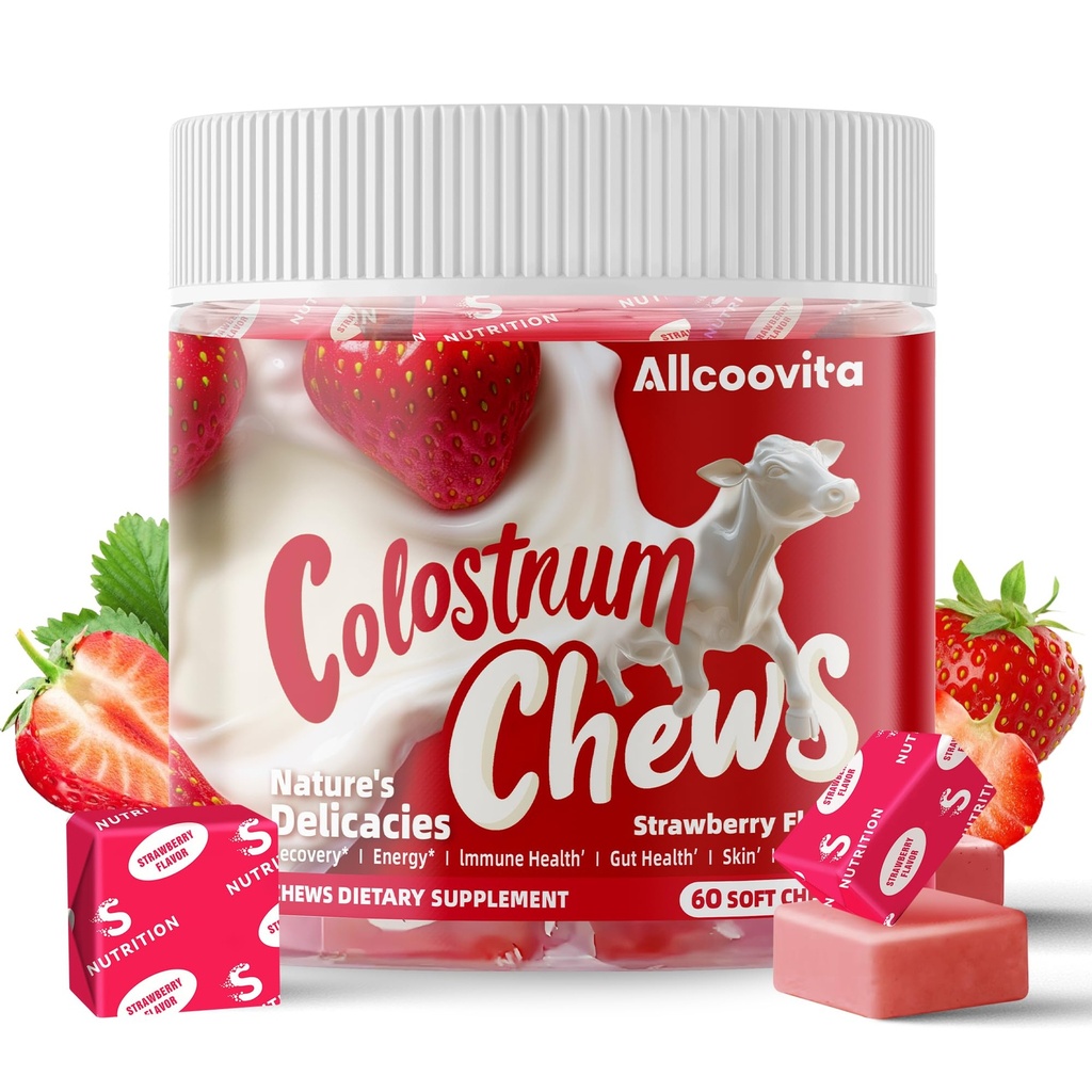 Bovine Colostrum Chews Suplement z probiotykami dla Gut zdrowia, wzdęcia, Wsparcie immunologiczne, Skóra, Wzrost włosów i uroda - Truskawkowy Flavor (60 Służenia)