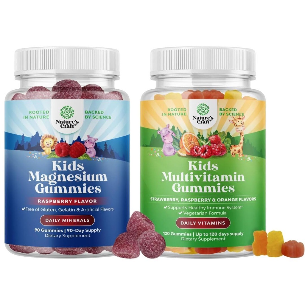 Paleta Gummies magnezowych dla dzieci - Suplement dla Nerve Health, Mięśnie i Healthy Heart Support, i Plant Based Gummies Multivitamin - Multivitamin dla wsparcia odporności z witamin A C D3 E B
