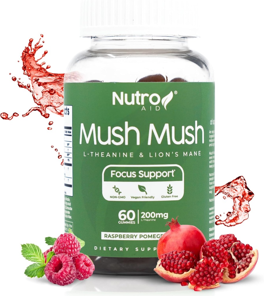 Lions Mane Supplement - Mushroom Gummies - Mush Mush Genius Mushroom Magic Mind - Promotes Focus with L- Theanine & Lions Mane - Malina & Pomegranat Flavor for Perk Energy - 60 Gummies