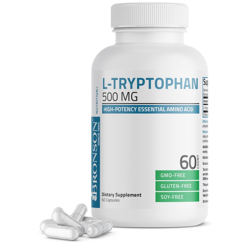 Bronson L- Tryptofan 500 MG High Potency Essential Amino Acid Supports Relaxation & Pozytywne wsparcie nastroju Non-GMO, 60 kapsułki