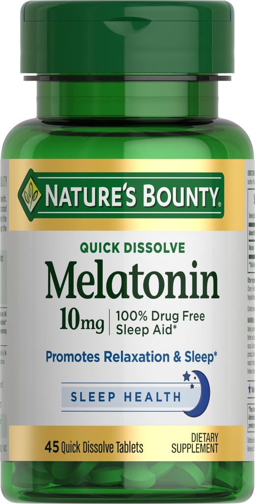 Nature 's Bounty Melatonin, 100% beznarkotykowa pomoc na sen, Suplement diety, Promotes Relaxation and Sleep Health, 10mg, 45 Szybko rozpuszczalne tabletki