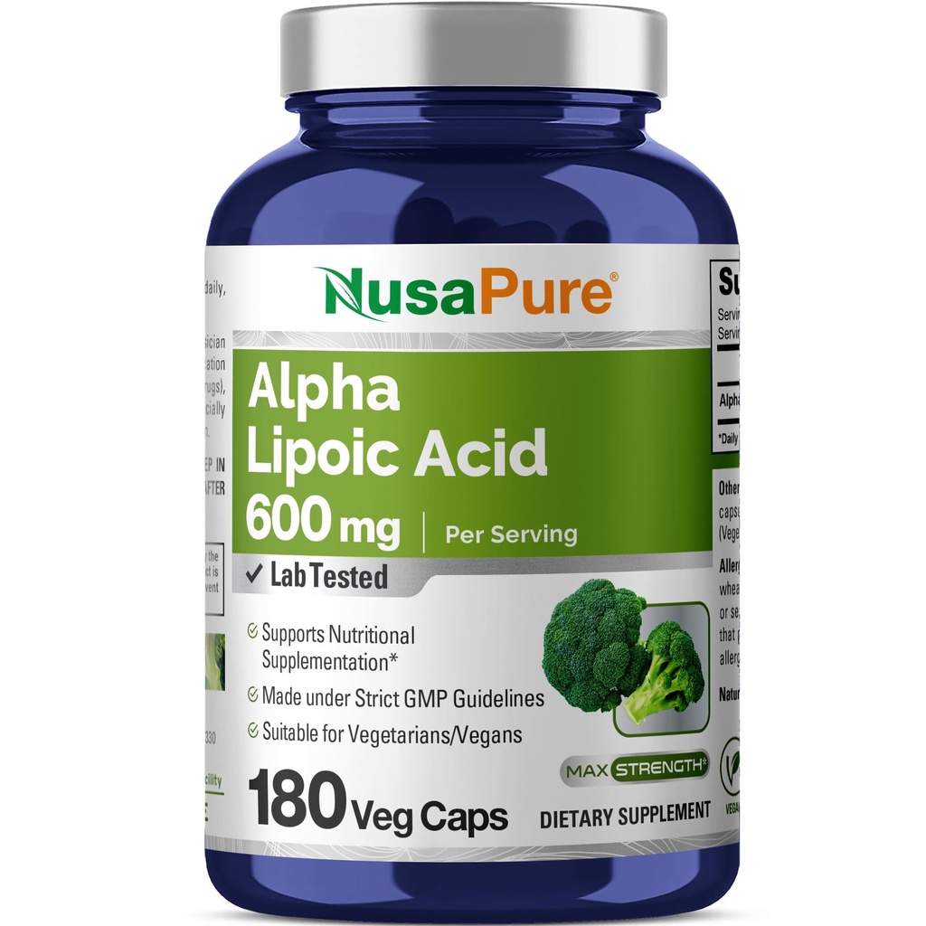 NusaPure Alpha Lipoic Acid 600 mg na serwowanie 180 Kapsułek wegetariańskich (wegetariańskie, nie- GMO, wegańskie)