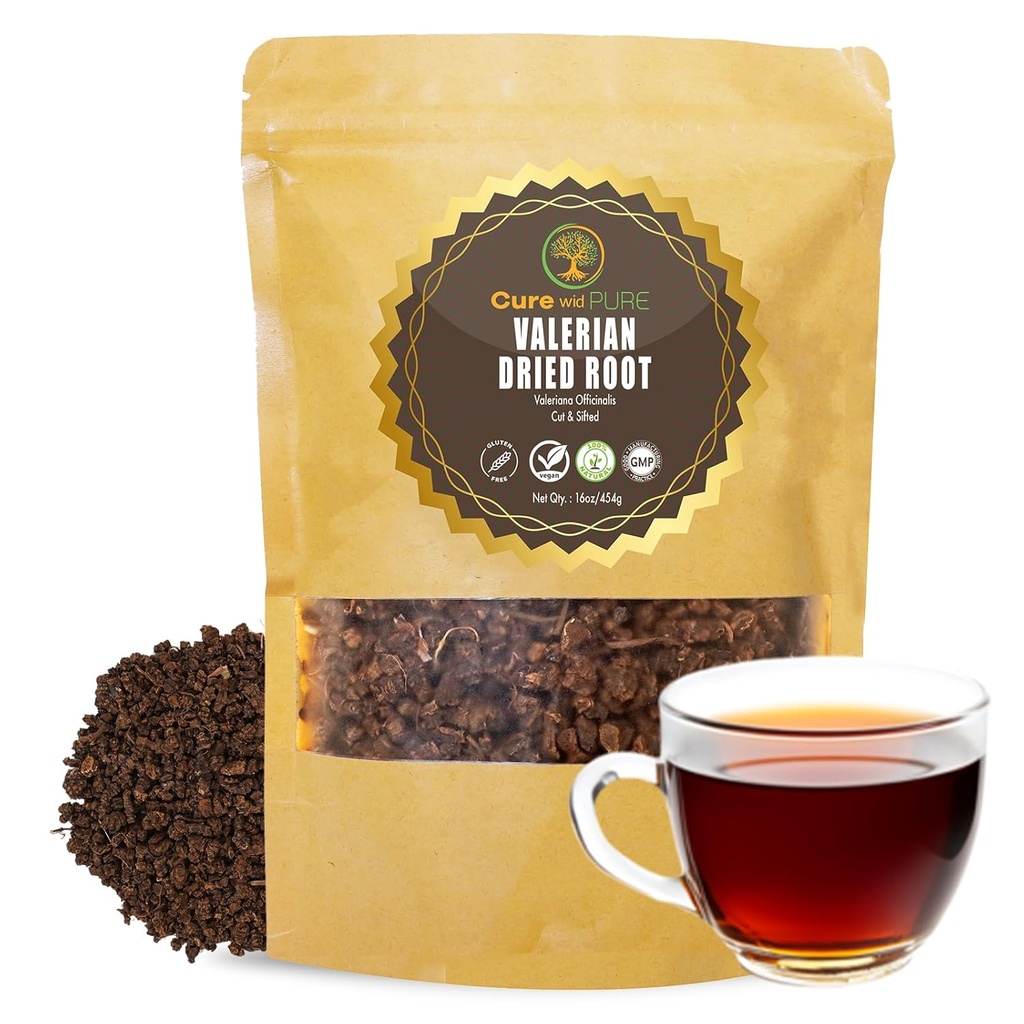 Cure wid Pure Organic Valerian Koot Tea - Cięcie, Sifted & Nienapromieniowane Valerian Tea Promotes Natural Relaxing Sleep - Te De Valeriana officinalis in Resealable Eco Friendly Pouch 16oz