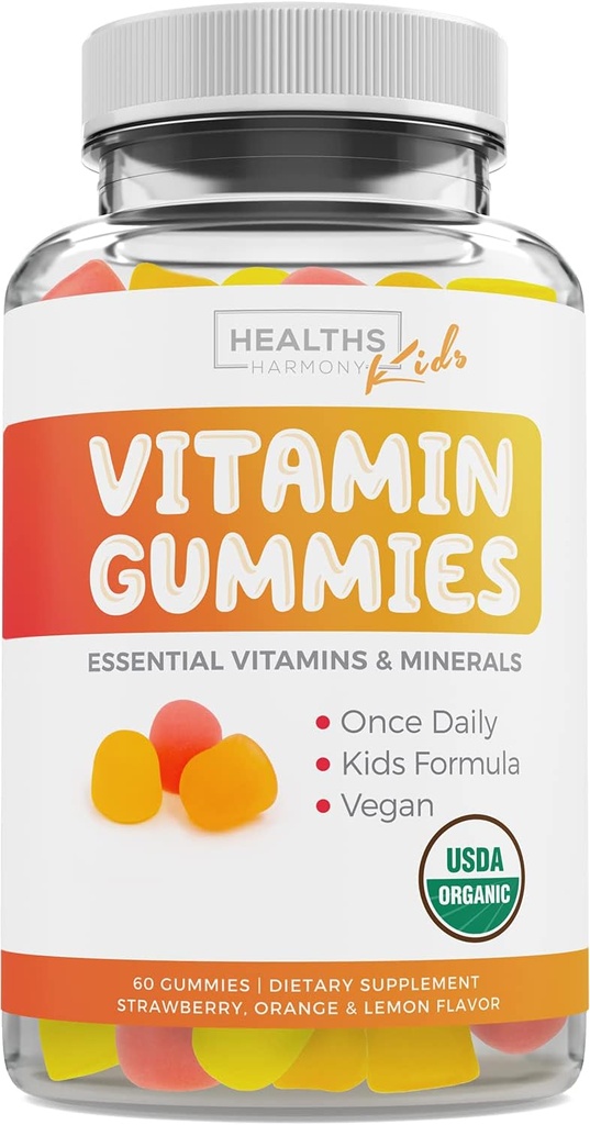 USDA Organic Kids Witaminowe Gummies (Non-GMO) Pyszne naturalne aromaty owocowe - Kompletne Gummeje multiwitaminowe dla dzieci: Witamina C, D, B, A, Cynk - Suplement do Energii, Nastrój, Wsparcie immunologiczne - 60 Gummy witaminy