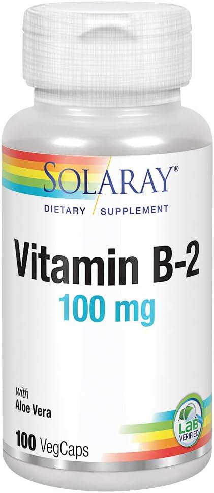 SOLARAY Witamina B-2 Riboflawina 100 mg z Aloe Vera Via 124; Zdrowa energia Metabolizm, Skóra, Włosy i paznokcie 124; 100 CT
