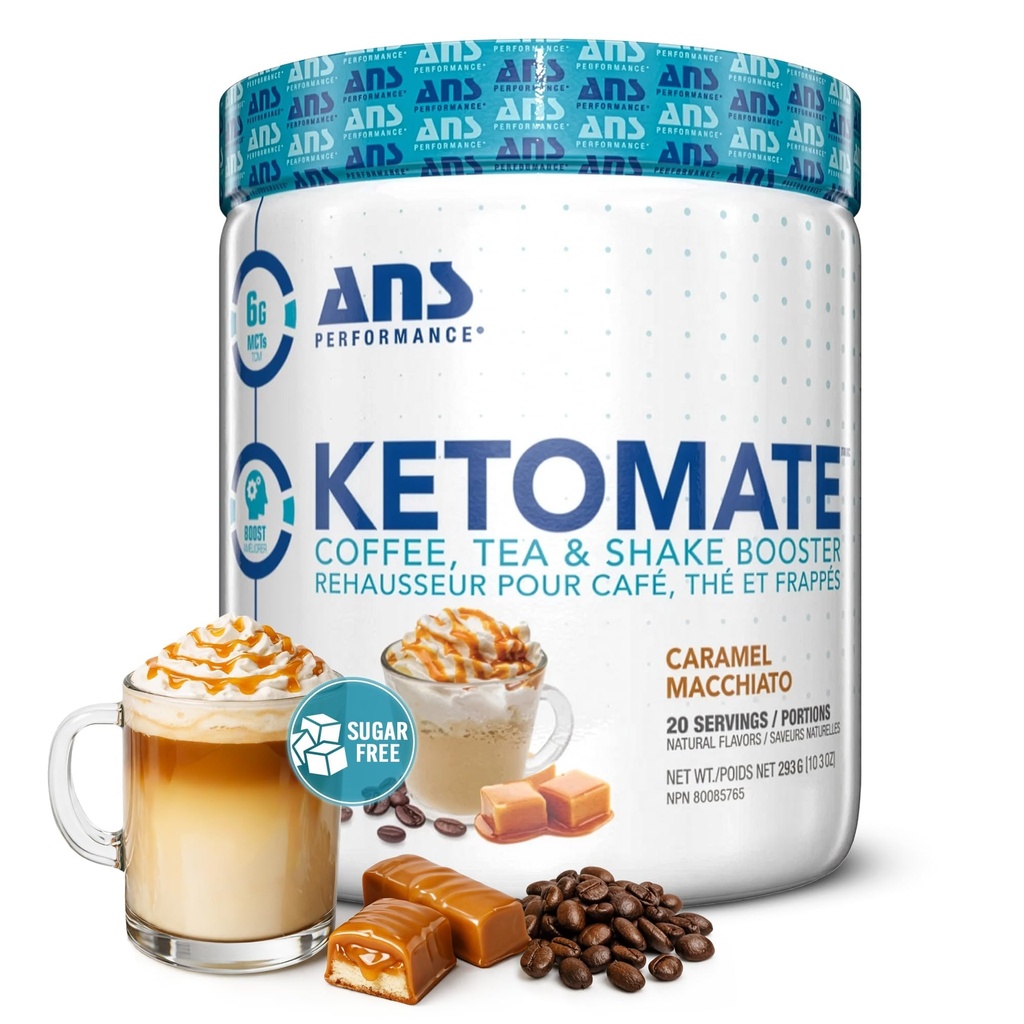 ANS Performance Ketomate Creamer kawy z MCT Oil Powder, Pyszne, Kreamer bezcukrowy na kawę, Tea & Shakes, Perfect Keto Energy Powder, 20 Słupki, 15oz, Karmel Macchiato