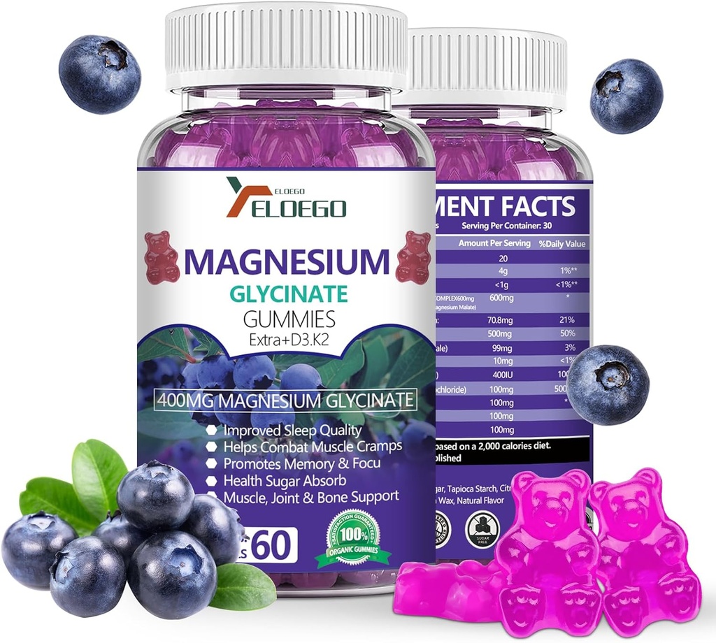 Magnezu Gummies 600mg na Serving- Magnezu Glycinate 400mg i Magnezu Malate 200mg, Extra K2 & D3, Wysoka absorpcja Magnezu Suplement do snu, Stress Relief, Nerve Support, Blueberries (60 CT)