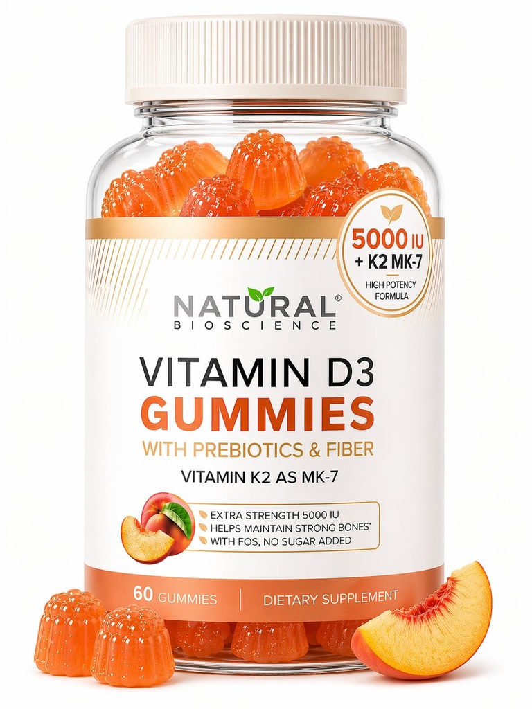 Witamina wolna od cukru D3 K2 Gummie - Witamina D3 Gummie 5000 j. m. + K2 MK7 80 µg, K2 D3 Suplement witaminy Dorośli, Witamina D K2 dla kości, Immune, Serce, Nastrój, Gluten- Free, Non-GMO, Naturalny aromat brzoskwiniowy