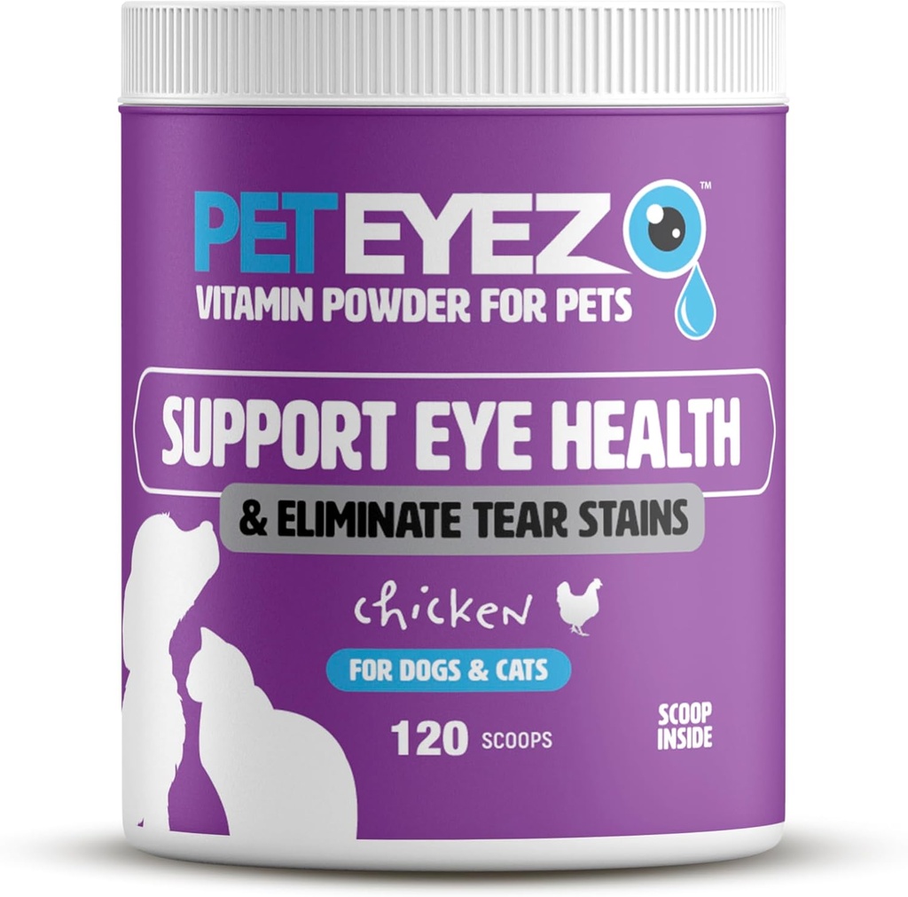 Pet Eyez witamina proszek dla zwierząt domowych - Wspiera Eye Health & Redukuje plamy rozdarcia Buildup - 100% Natural Food Topper for Dogs & Cats with Superfoods, Antyoksydants & Nutrigents - Kurczak Flavor - 120 Scoops