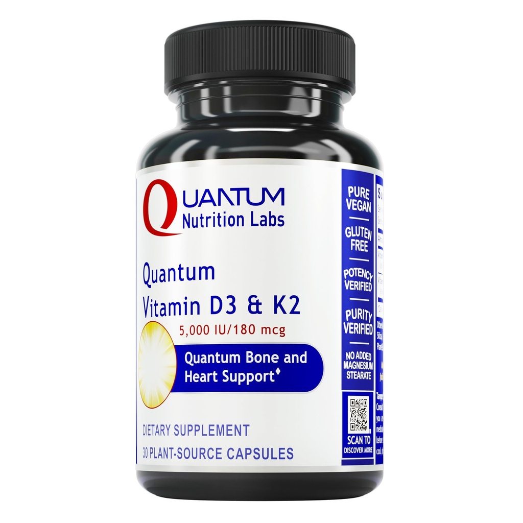 Quantum Nutrition Labs Witamina D3 i suplement K2 - wsparcie zdrowia kości i serca dla kobiet i mężczyzn, 5000 j.m., Witaminy wegańskie, Wchłanianie wapnia, Bezglutenowe - 30 Kapsułki na bazie roślin