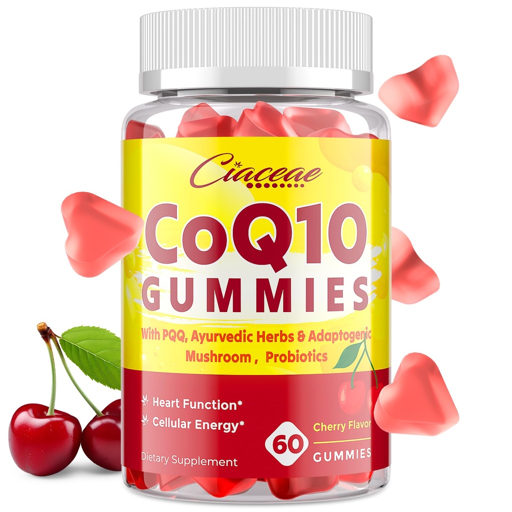 Gumie CoQ10 z PQQ - 400 MG Koenzym Q10 Wysokiej mocy, Wzmocnione z ajurwedycznych ziół, Adaptogenic Mushroom Blend & Probiotyki dla serca, Mózg, Energia, Immunitet, Cherry Flavor, 60 Gummies wegańskie