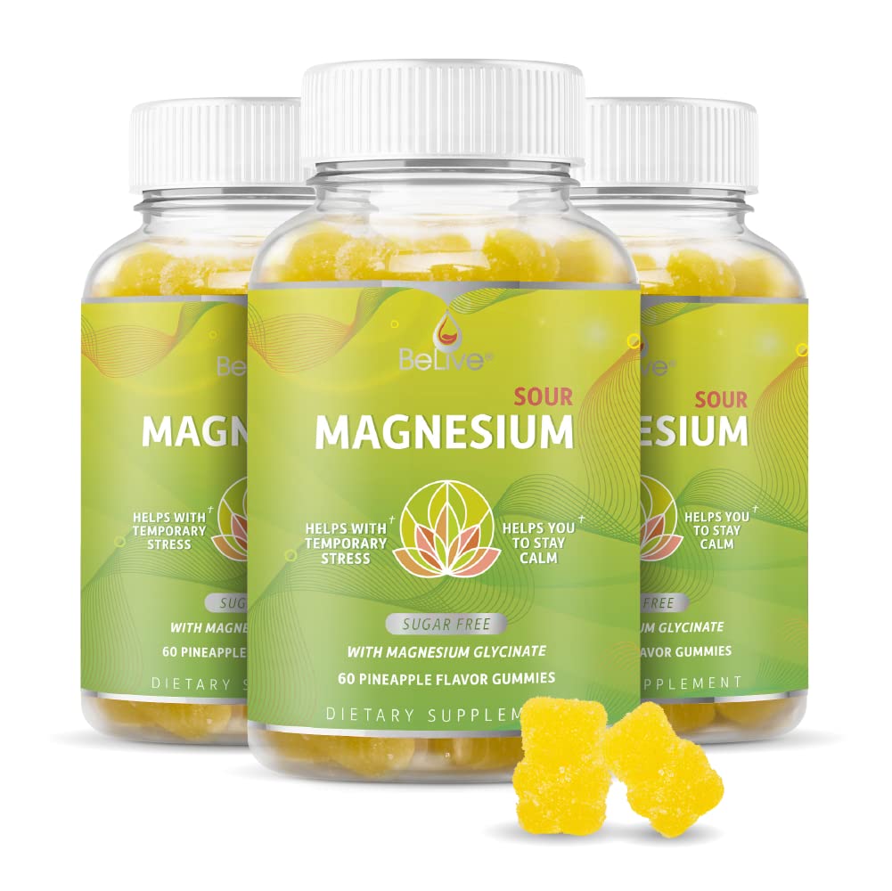 BeLive Gummies Magnezu 200mg - 60 Ct < 124; Magnezu Glicynian Suplementy do relaksacji, Relief stresowy i Sen dla dorosłych i dzieci - Smaczny i Tangy Flavor ananasowy (3)