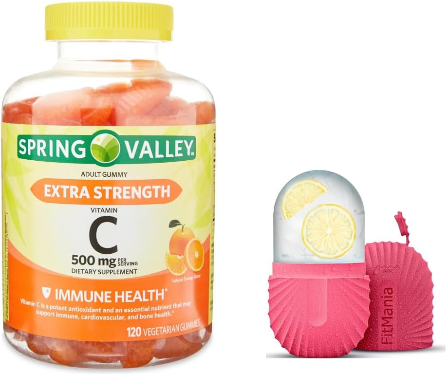 Wiosenna Dolina Ekstra Siła Witamina C Suplement diety Wegetariańskie Gummies, Pomarańczowy, 500 mg, 120 Ct i Roller prezent na twarz