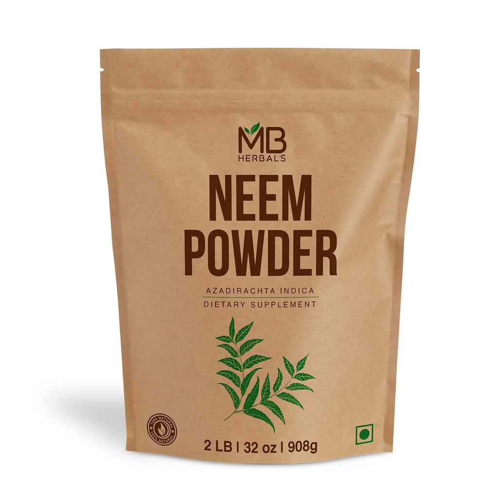 MB Herbals Pure Neem Powder 2 lb Between 124; 32 oz Between 124; 908 Gram Between 124; 100% Pure Wild- Crafted Neem Leaf Powder Between 124; Bardzo Bitter Neem Supplement for Skin Hair & Detox Between 124; Azadirachta Indica