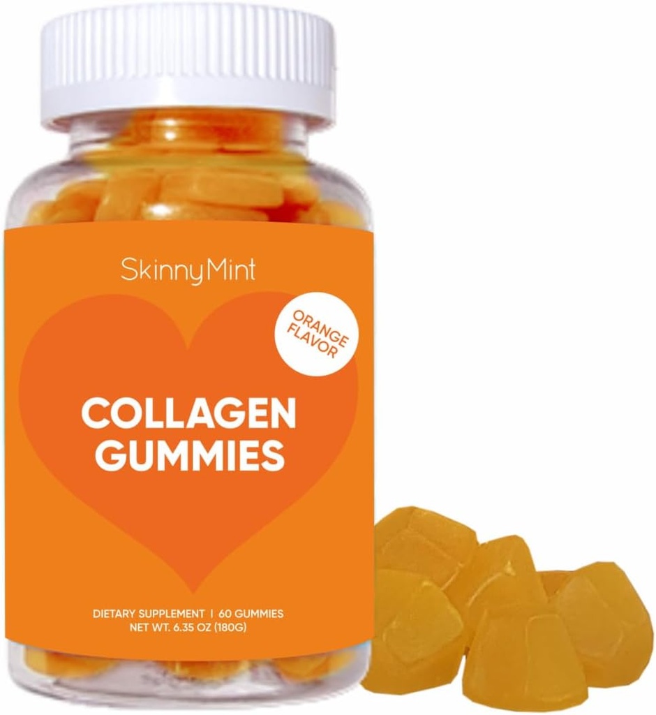 SkinnyMint Collagen Gummies Supplement for Healthy Skin, Nails & Hair Support, Gluten Free Collagen Chewable Gummies for Men & Women, Natural Orange Flavor -60 Count(180G)- 1 Month Supply