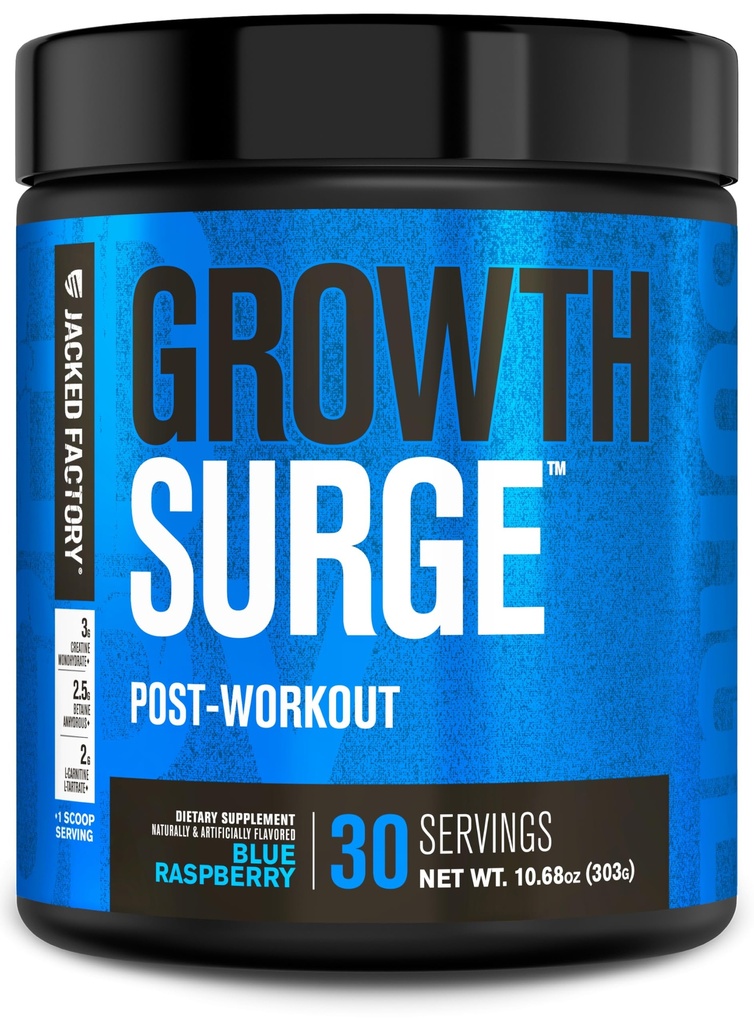 Jacked Factory Growth Surge Creaine Post Workout w / L- Karnityna - Codzienne Muscle Builder & Recovery Supplement z Monowodzian, Betaine, L- Carnitine L- Tartrate - 30 Służenia, Niebieski Malina