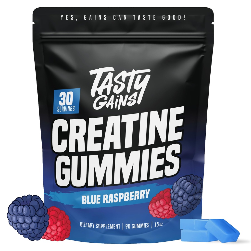 TASTY GAINS Gummies kreacyjne - 90g Monowodzian kreatury - Suplementy do ćwiczeń - Budowanie mięśni i siły boost dla mężczyzn i kobiet - Made in USA - Non GMO - Wegan Friendly (Duży, Niebieski Malina)