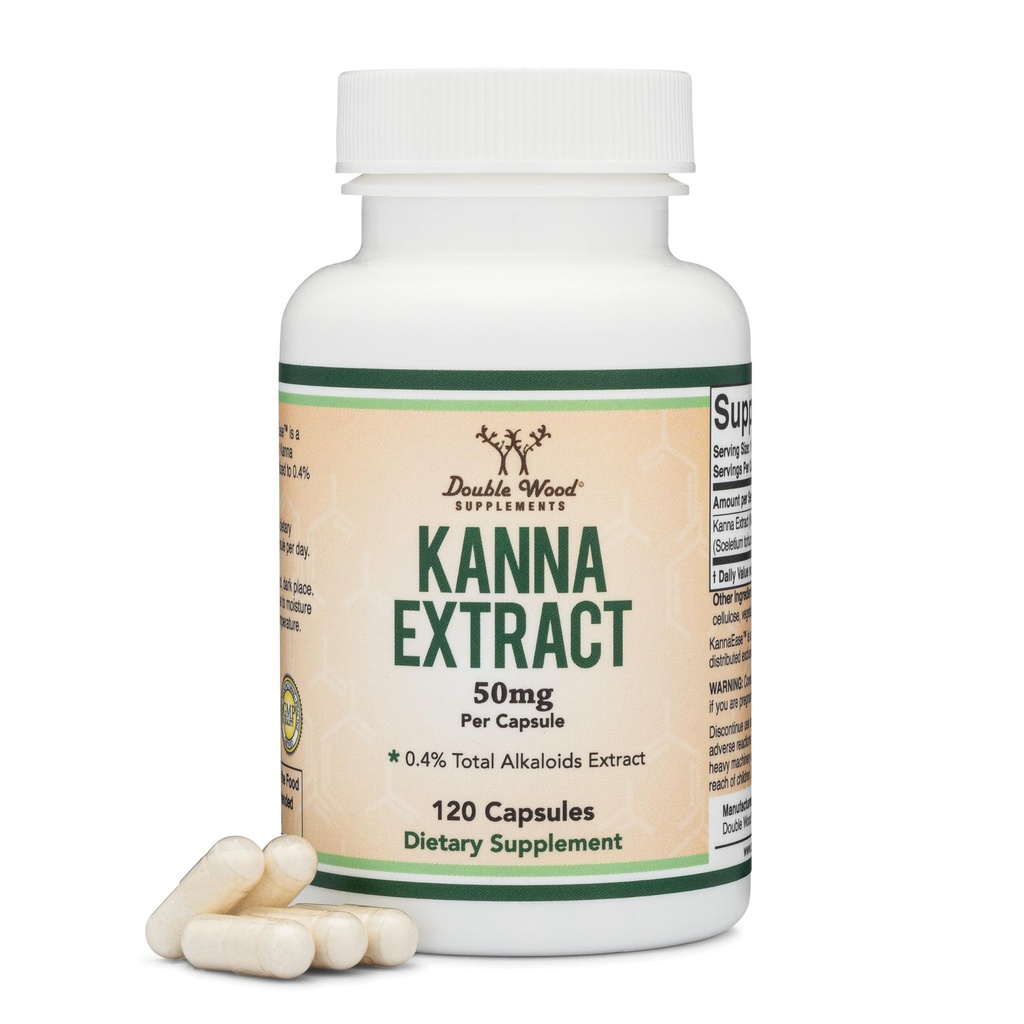 Kanna Extract Supplement (Sceletium Tortuosum) - 50 mg na kapsułki, 120 Count - for Relaxation and Peace of Mind (Min. 4% Total Alkaloids) Non- GMO, Gluten Free, Vegan Safe by Double Wood