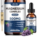 Magnezu Glicynian płynne krople, Magnezu Glicynian Suplement 500mg z cytrynianem, jabłczan, Ashwaganda, L- Theanina, Witamina B6 do snu, Stress Relief, Kości, Mięśnie, Mood, Grape Flavor 2 Fl Oz