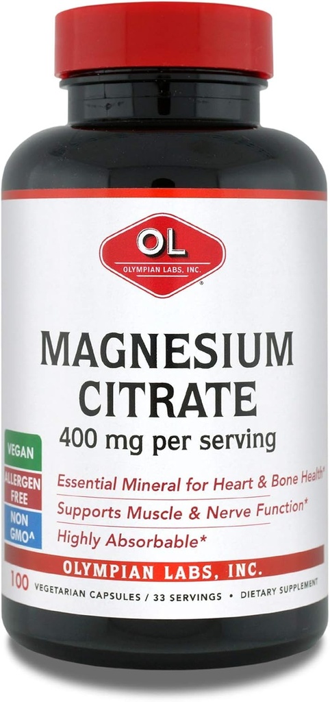 Olympian Labs Magnezu Citrate, 400mg 33 Służenie, Wsparcie Zdrowy system nerwowy, Mięśnie i Kości, 100 Kapsułki