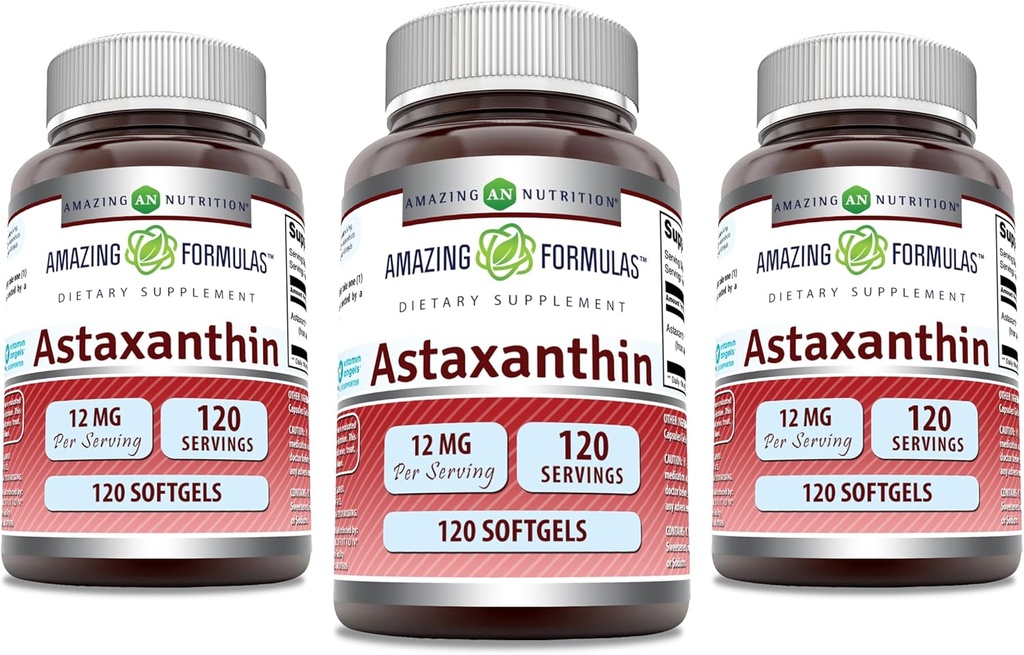 Amazing Supples Astaxanthina 12mg Softgels Supplement Equipment 124; Non-GMO Equipment 124; Gluten Free (120 Count Equipment 124; 3 Pack)