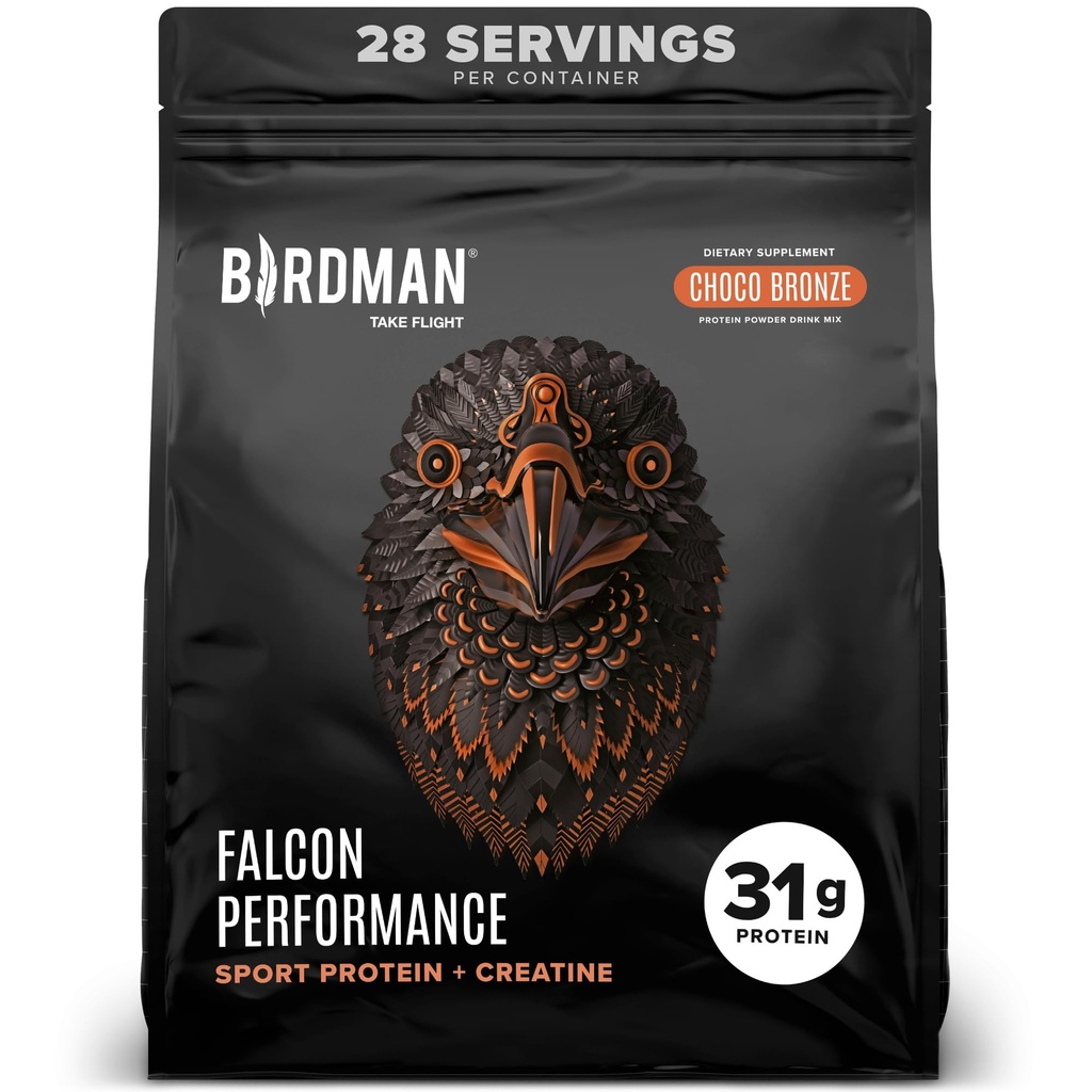 Birdman Falcon Performance Vegan Protein Powder, 31g Protein, 5g Creatine, 5g BCAA, Probiotyki, Electrolytes, Pre Workout, Niskie węglowodany, Bezcukrowy i Dairy Free, Białko czekoladowe oparte na roślinach, 28 porcji