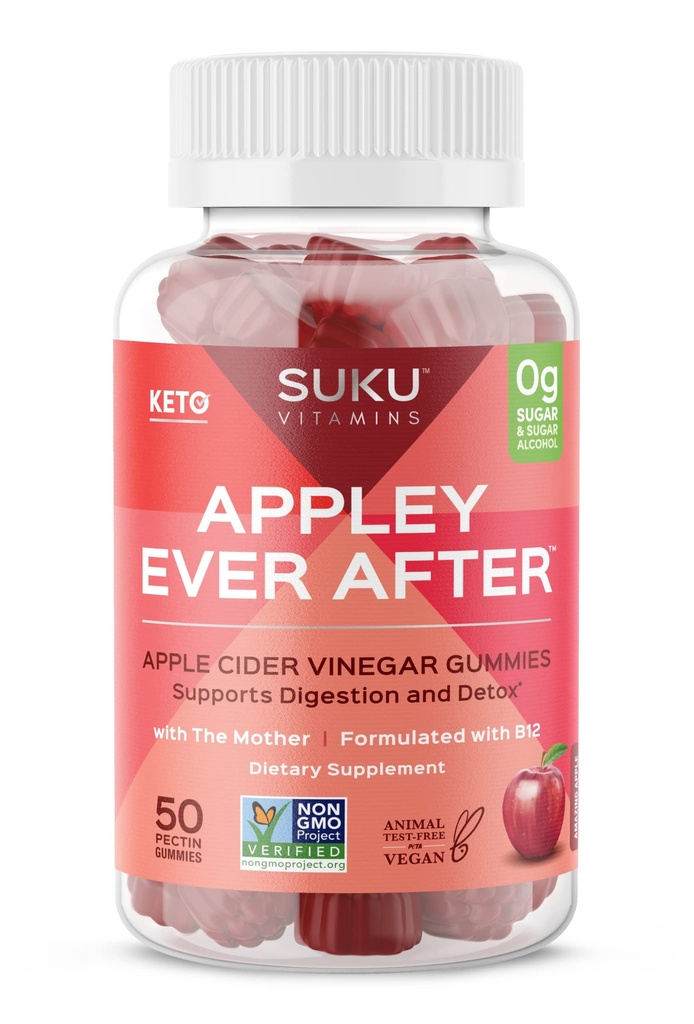 SUKU Appley Ever After Gummies - Jabłko cydr Ocet z Methylled B12 & Folate - Bez cukru, Bez glutenu, Detox Vegan & Wsparcie energetyczne - Niesamowite Apple Flavor - 50 Hrabia