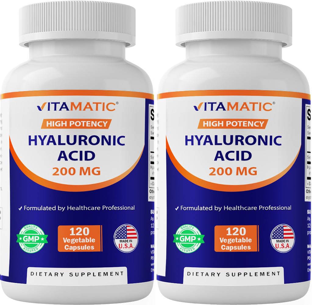 Vitamatic 2 Pack Hialuronic Acid Supplements 200mg - Wspiera zdrowe połączenie tkanek i połączeń - Promowanie młodzieńczej zdrowej skóry - Razem 240 Kapsułki