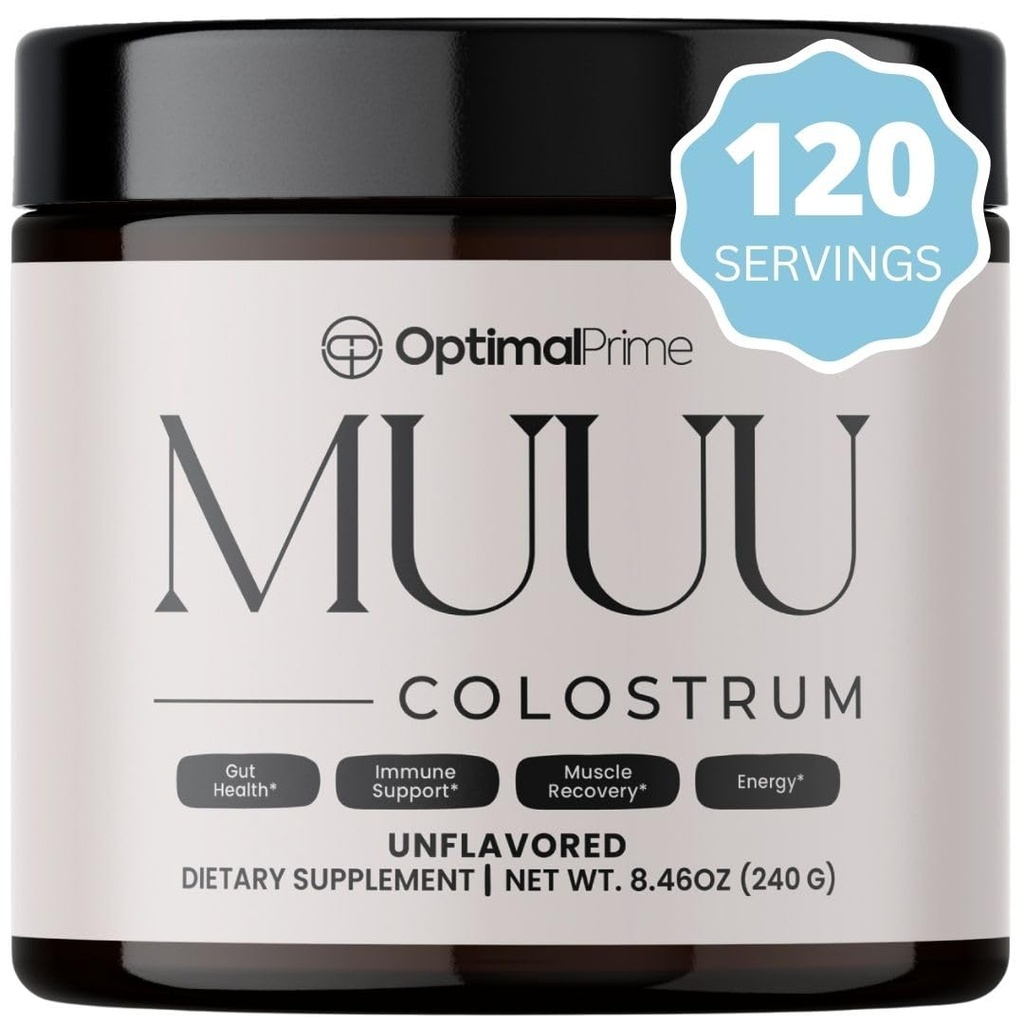 Optimal Prime - suplement kolostrum bydła MUUU i Superfood Proszek do żucia zdrowia, wzdęcia, wsparcia immunologicznego, włosów, skóry i paznokci Unflavored, 120 Słupki