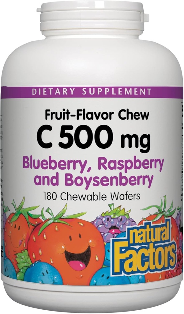 Naturalne Czynniki, Dzieci Żniwa Witamina C 500 mg, Wspiera zdrowie immunologiczne, kości, Zęby i Gumy, Blueberry, Malina i Boysenberry, 180 Hrabia (Opakowanie 1)