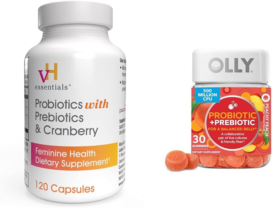 vH niezbędne Probiotyki z Prebiotykami i Żurawinowe Feminine Zdrowie Kapsułki Bundle z OLLY Probiotic + Prebiotyczne Gummy Digestive i Gut Zdrowie suplement do żucia