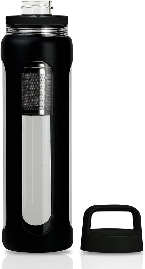 20oz Butelka szklanej wody z silikonowym rękawem, 600ml Mug z 2 warstwy Lid (Szerokie usta i małe usta proste picie) z butelką przecieku herbaty - siłownia Joga Outdoor Activities (Czarny)