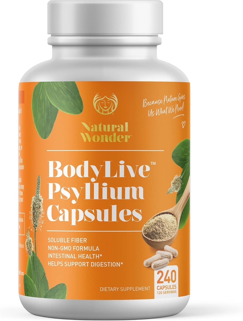 BodyLive Pzyllium Fiber Kapsułka Non-GMO 725mg, 240 Kapsułki (1450mg / serving, 120 Servings) Suplement do Colon Cleanse, Regularność, Zdrowa trawienie, Prebiotyczne, Laxative, Heart Health